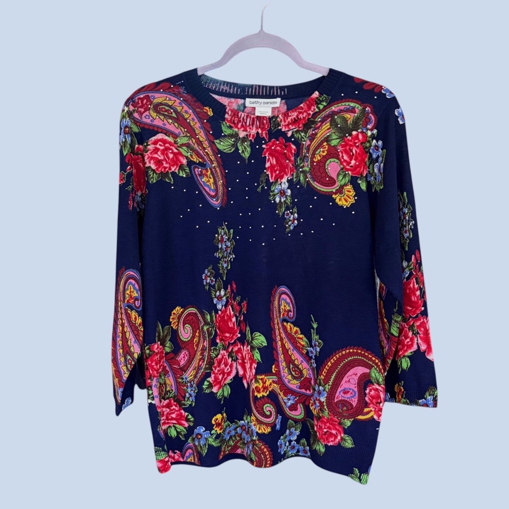 Cathy Daniels Floral Paisley Embellished Pullover Top With Rhinestones